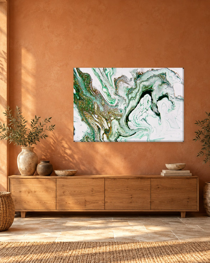 Emerald Green and White Fluid Art Canvas Wall Art - Bronze Glitter Pour - Gallery Canvas - 38mm / 48 x 32 / Unframed preview