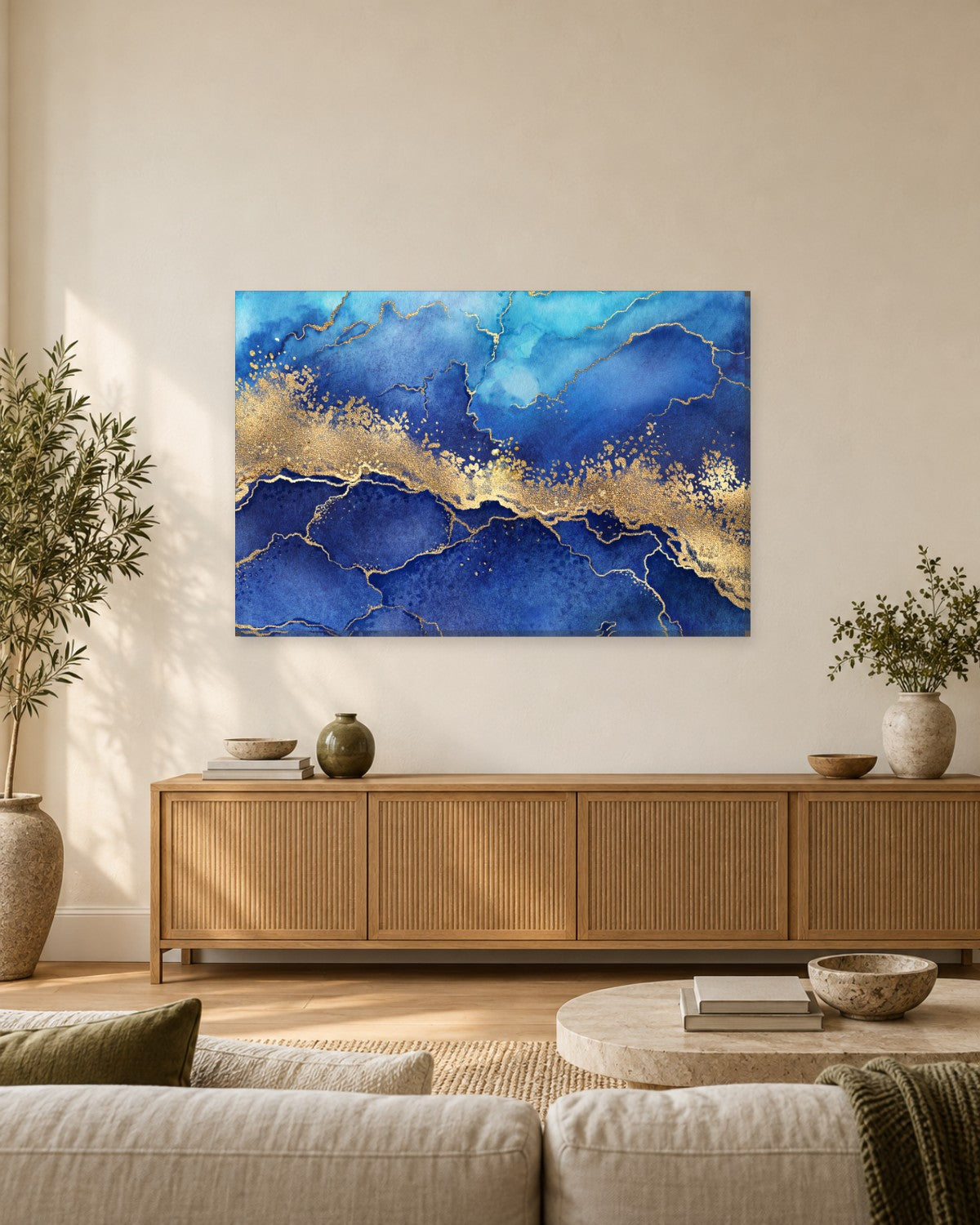Cobalt Blue Watercolour Marble Canvas Wall Art - Golden Veins and Glitter - Gallery Canvas - 38mm / 48 x 32 / Unframed preview