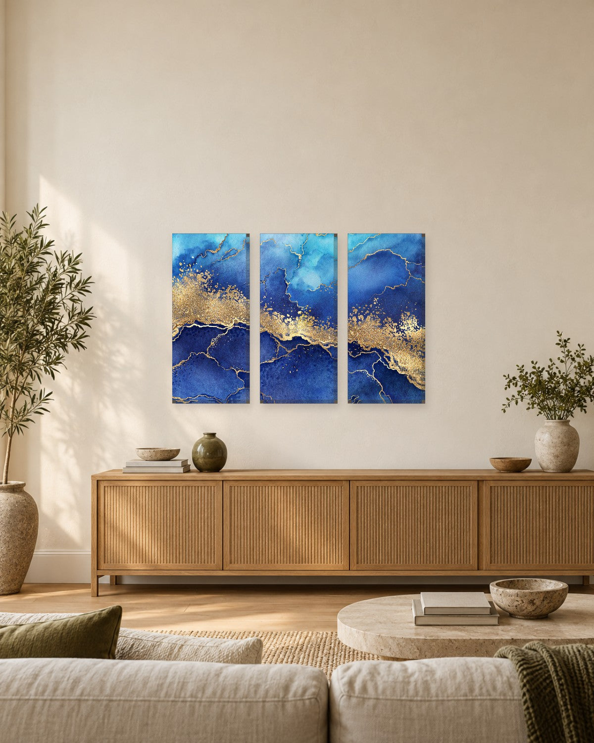 Cobalt Blue Watercolour Marble Canvas Wall Art - Golden Veins and Glitter - Gallery Canvas - 38mm / 48 x 32 / Unframed preview