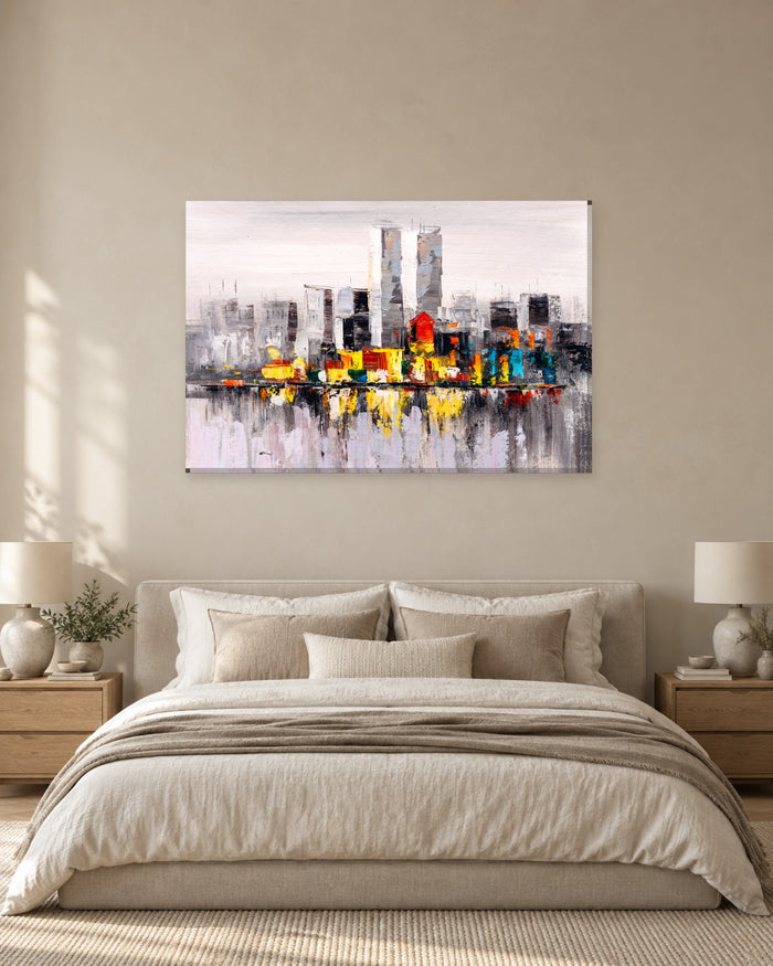 New York Skyline Oil Painting Canvas Wall Art - Grey and Colourful Abstract City - Gallery Canvas - 38mm / 48 x 32 / Unframed preview