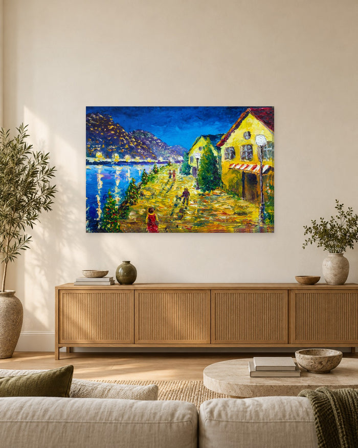 Lakeside Village Oil Painting Canvas Wall Art - Yellow Houses and Blue Mountains - Gallery Canvas - 38mm / 48 x 32 / Unframed preview