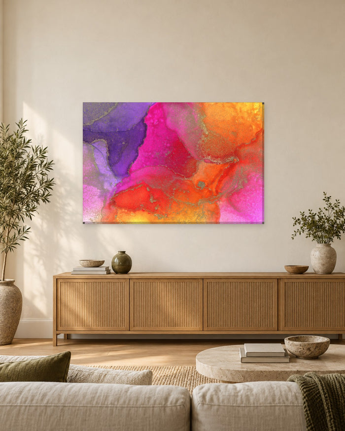 Purple, Pink and Orange Abstract Canvas Wall Art - Alcohol Ink with Gold - Gallery Canvas - 38mm / 48 x 32 / Unframed preview