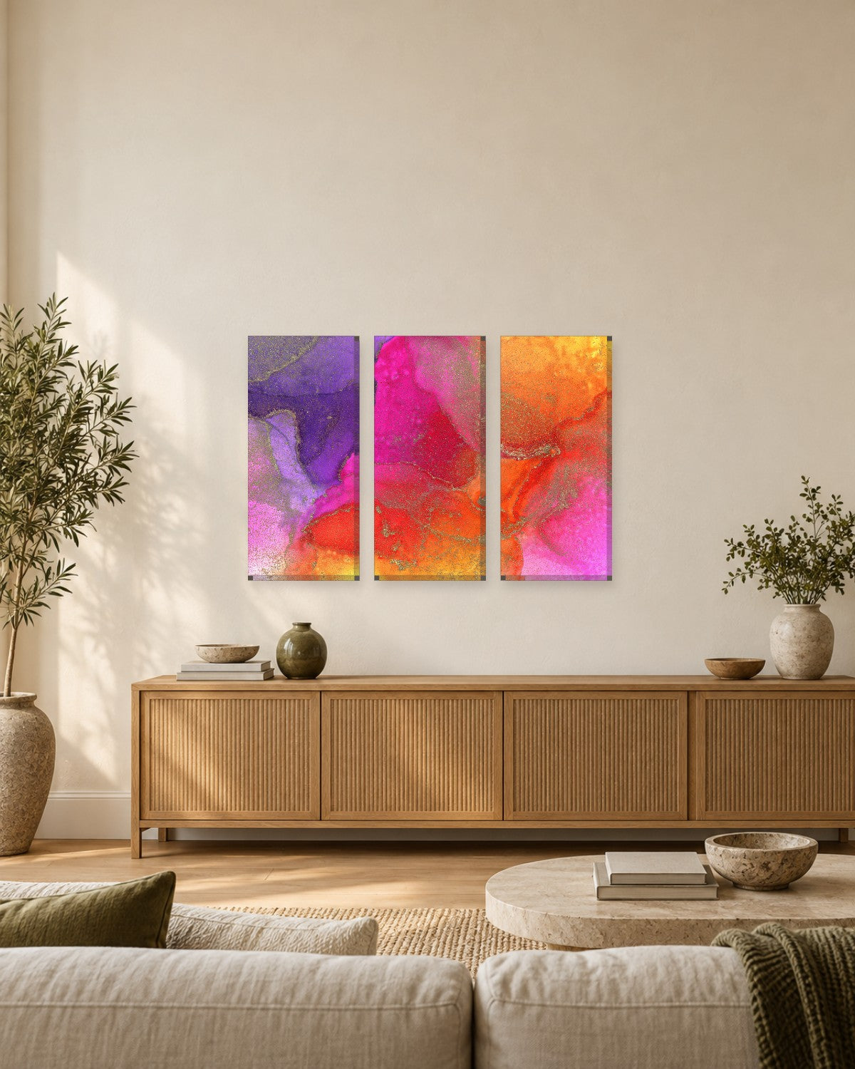 Purple, Pink and Orange Abstract Canvas Wall Art - Alcohol Ink with Gold - Gallery Canvas - 38mm / 48 x 32 / Unframed preview