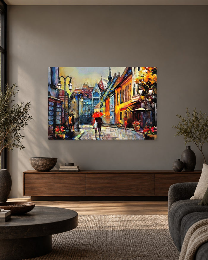 Rainy Street Painting Canvas Wall Art - Couple with Red Umbrella - Gallery Canvas - 38mm / 48 x 32 / Unframed preview