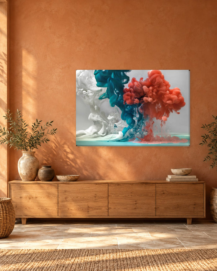Ink in Water Abstract Canvas Wall Art - Coral Red, Teal and White Clouds - Gallery Canvas - 38mm / 48 x 32 / Unframed preview