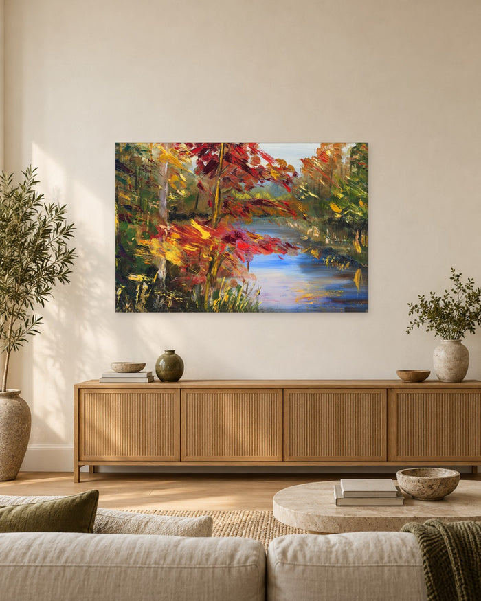 Autumn River Painting Canvas Wall Art - Red and Gold Trees by Blue Water - Gallery Canvas - 38mm / 48 x 32 / Unframed preview