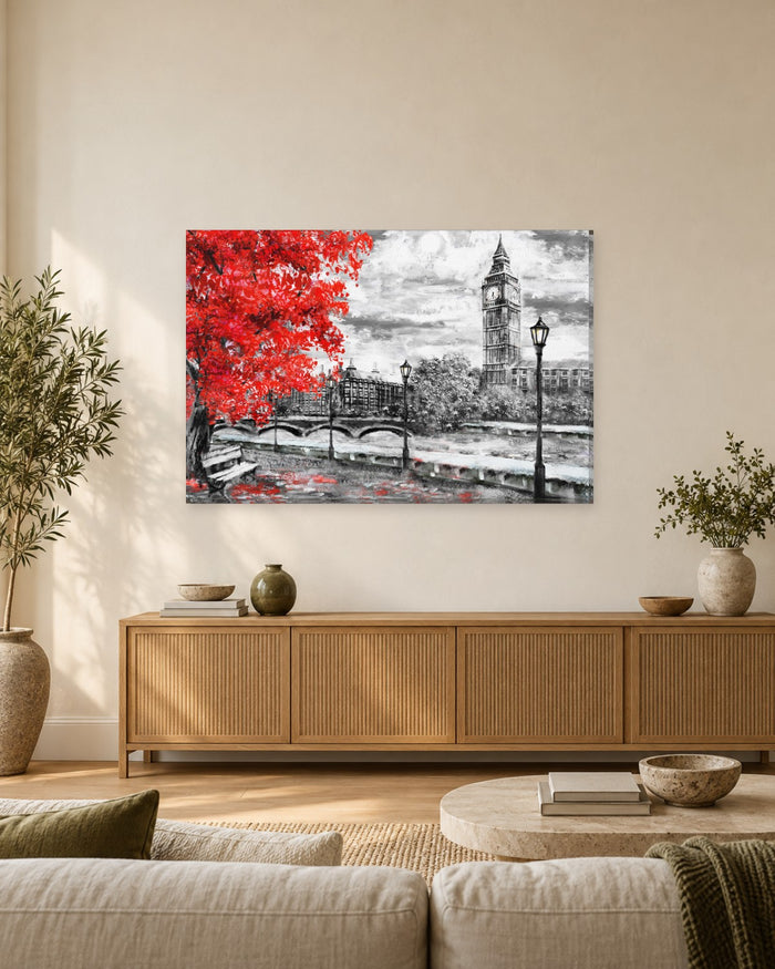 Big Ben London Painting Canvas Wall Art - Black and White with Red Tree - Gallery Canvas - 38mm / 48 x 32 / Unframed preview