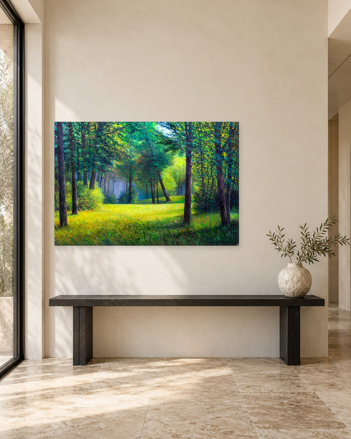 Sunlit Summer Forest Painting Canvas Wall Art - Green Woodland Glade - Gallery Canvas - 38mm / 48 x 32 / Unframed preview