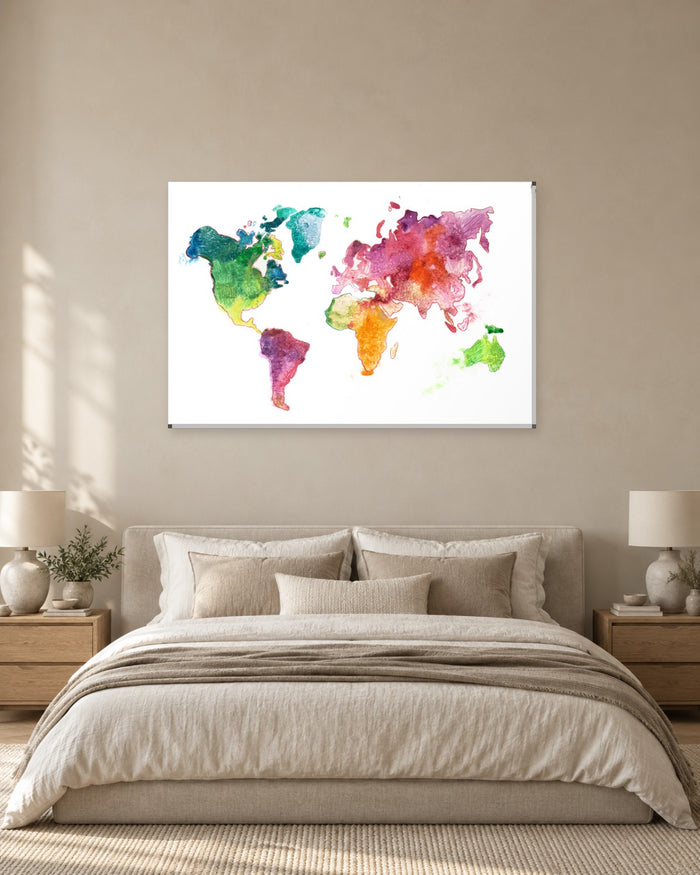 Watercolour World Map Canvas Wall Art - Rainbow Continents on White - Gallery Canvas - 38mm / 48 x 32 / Unframed preview