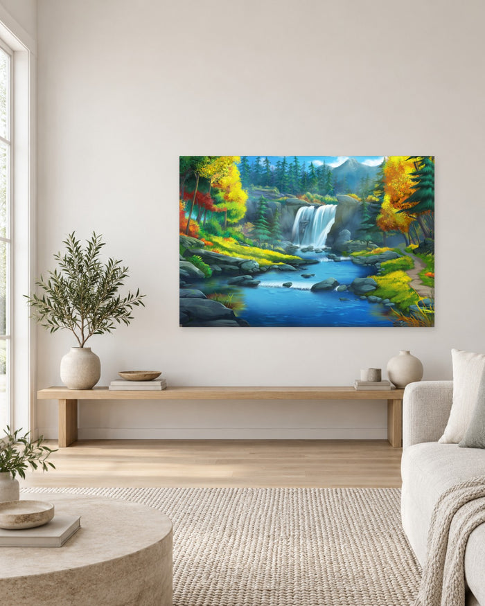 Waterfall Forest Illustration Canvas Wall Art - Autumn River and Mountains - Gallery Canvas - 38mm / 48 x 32 / Unframed preview