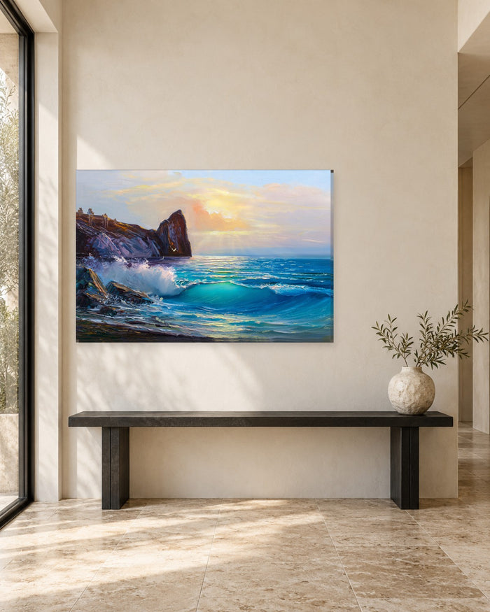Ocean Waves Crashing on Rocks Painting Canvas Wall Art - Turquoise Sea at Sunset - Gallery Canvas - 38mm / 48 x 32 / Unframed preview