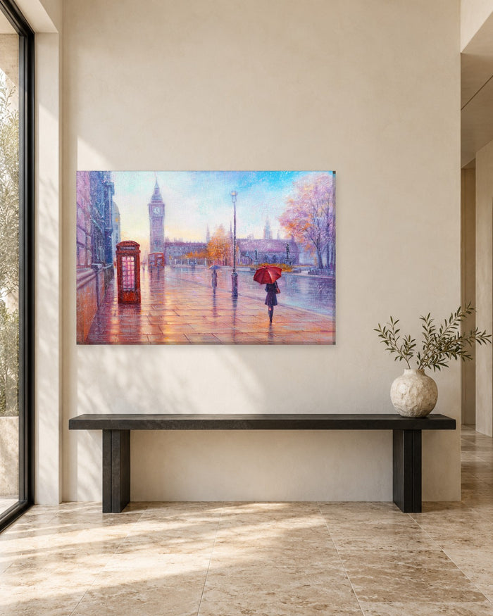 Big Ben Rainy Day London Painting Canvas Wall Art - Red Phone Box - Gallery Canvas - 38mm / 48 x 32 / Unframed preview