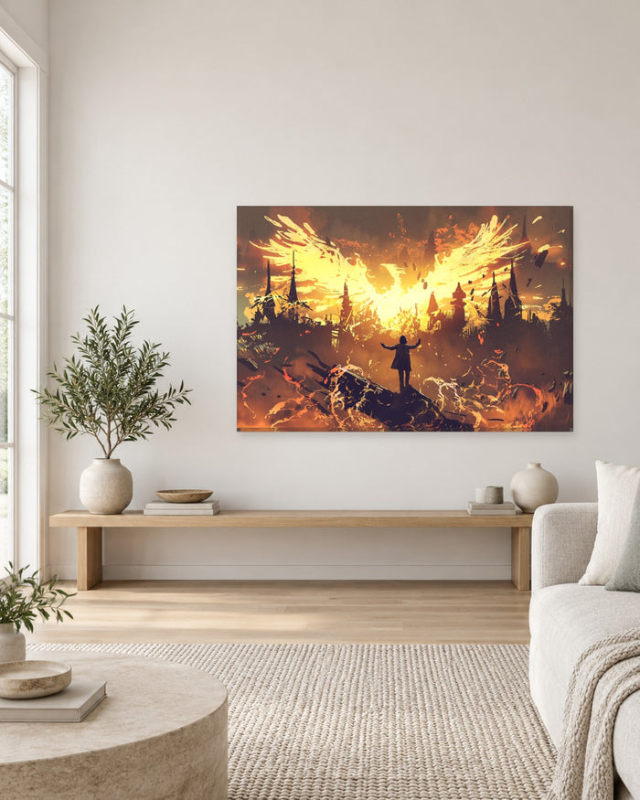 Fire Phoenix Fantasy Canvas Wall Art - Wizard and Burning City - Gallery Canvas - 38mm / 48 x 32 / Unframed preview