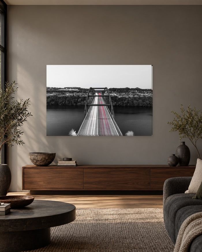Pennybacker Bridge Austin Texas Canvas Wall Art - Black and White Light Trails - Gallery Canvas - 38mm / 48 x 32 / Unframed preview
