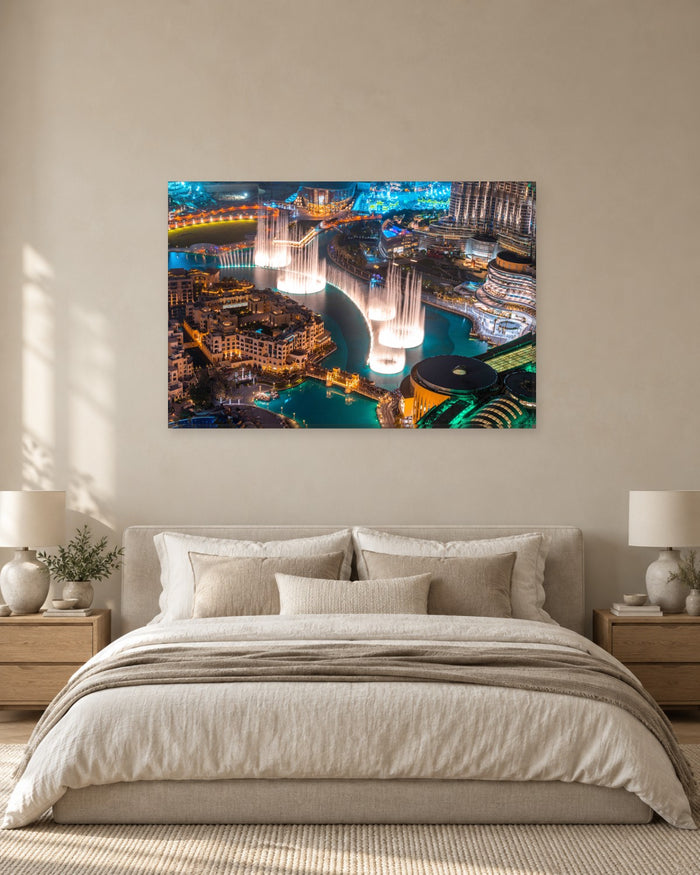 Dubai Fountain at Night Canvas Wall Art - Aerial City Lights - Gallery Canvas - 38mm / 48 x 32 / Unframed preview