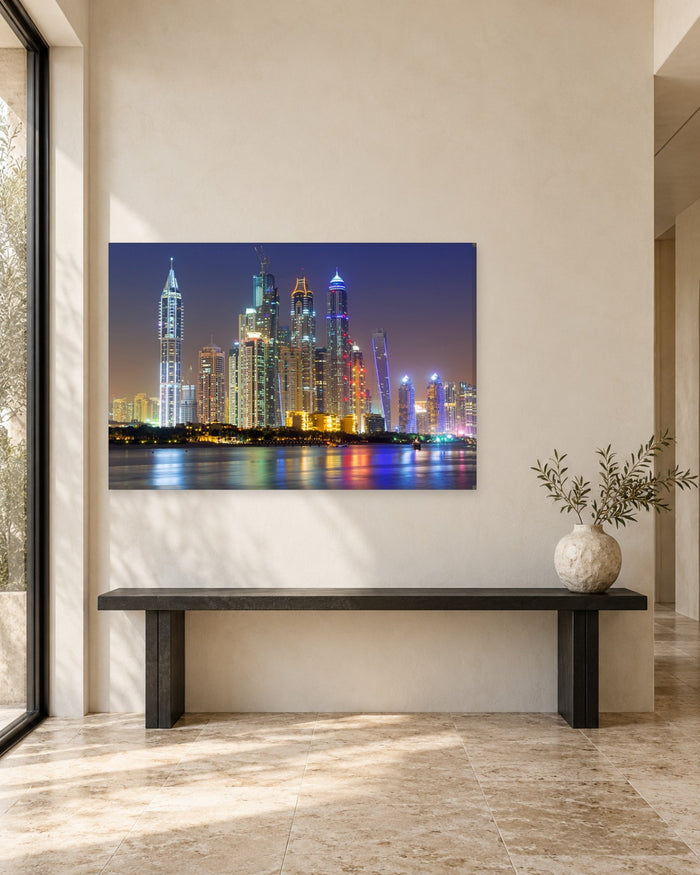 Dubai Skyline at Night Canvas Wall Art - Neon Skyscrapers and Reflections - Gallery Canvas - 38mm / 48 x 32 / Unframed preview