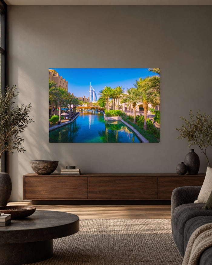 Madinat Jumeirah Dubai Canvas Wall Art - Burj Al Arab and Palm Canal - Gallery Canvas - 38mm / 48 x 32 / Unframed preview
