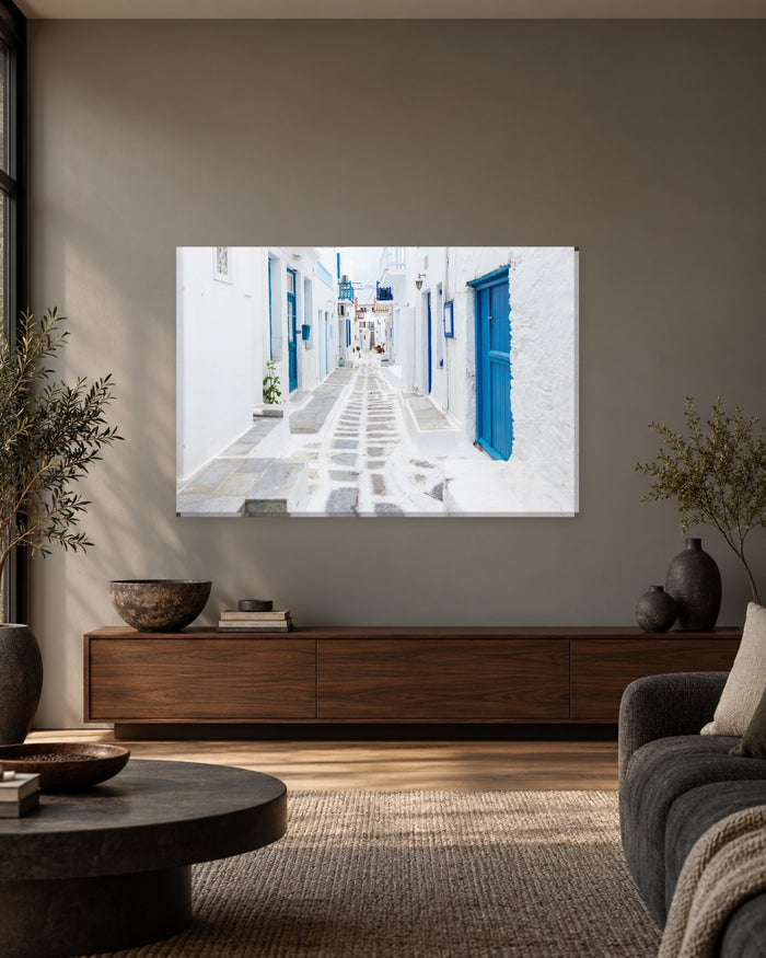Mykonos Greece White Street Canvas Wall Art - Blue Doors and Whitewashed Alley - Gallery Canvas - 38mm / 48 x 32 / Unframed preview