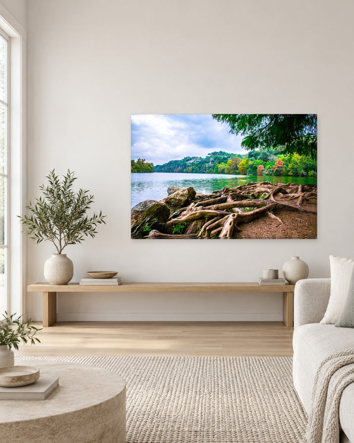 Riverside Tree Roots Canvas Wall Art - Green River Landscape - Gallery Canvas - 38mm / 48 x 32 / Unframed preview