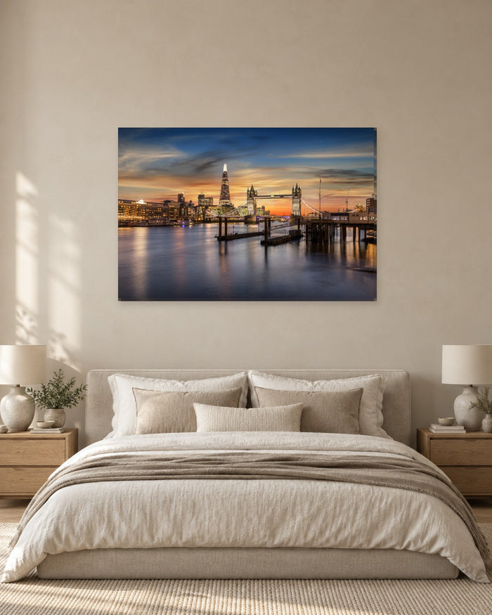 London Skyline at Sunset Canvas Wall Art - Tower Bridge and The Shard - Gallery Canvas - 38mm / 48 x 32 / Unframed preview