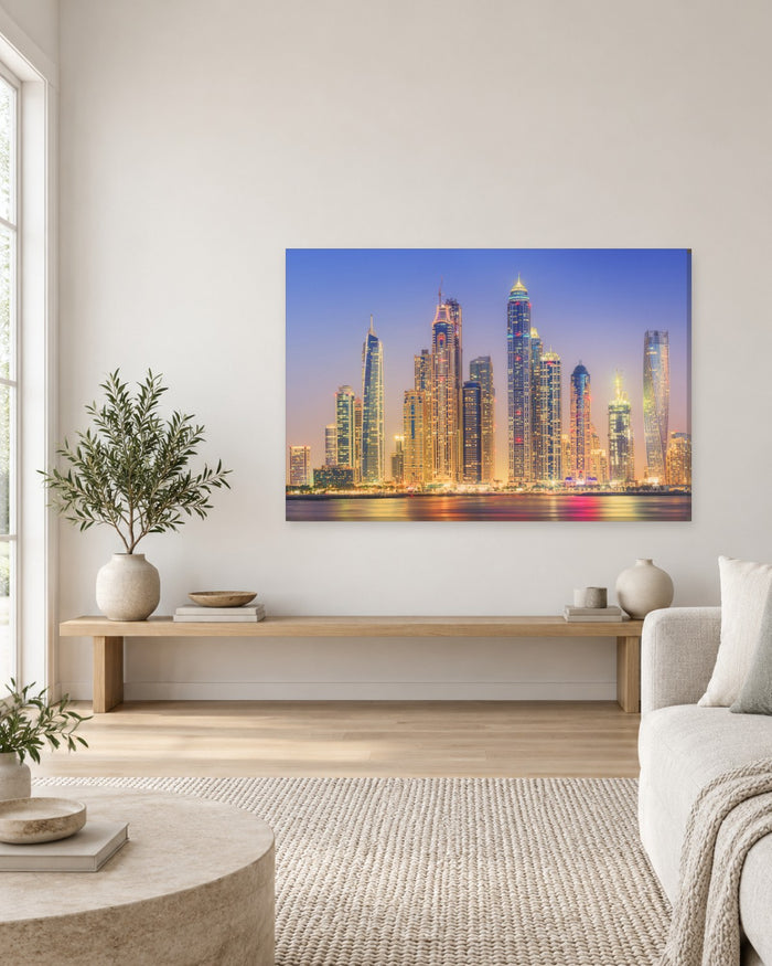 Dubai Marina Skyscrapers Canvas Wall Art - Golden Towers at Dusk - Gallery Canvas - 38mm / 48 x 32 / Unframed preview