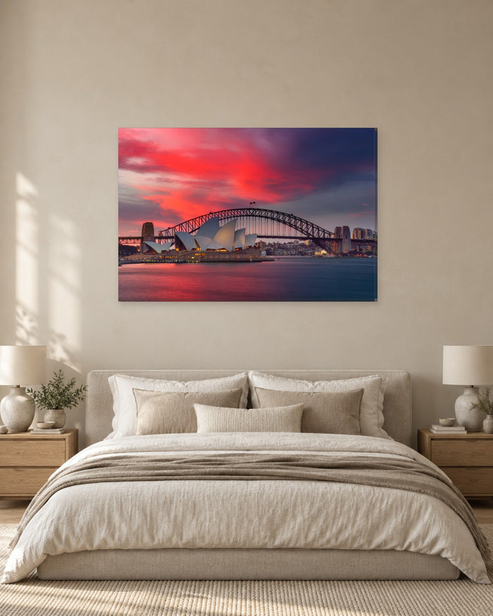 Sydney Opera House and Harbour Bridge Canvas Wall Art - Red Sky Sunset - Gallery Canvas - 38mm / 48 x 32 / Unframed preview