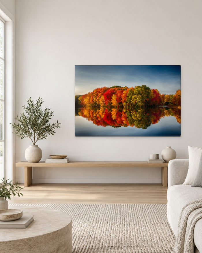 Autumn Trees Reflection Canvas Wall Art - Red and Orange Lake Landscape - Gallery Canvas - 38mm / 48 x 32 / Unframed preview