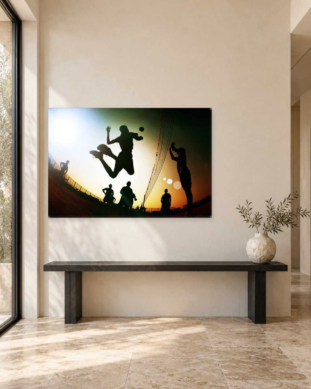 Beach Volleyball Canvas Wall Art - Player Silhouettes at Sunset - Gallery Canvas - 38mm / 48 x 32 / Unframed preview