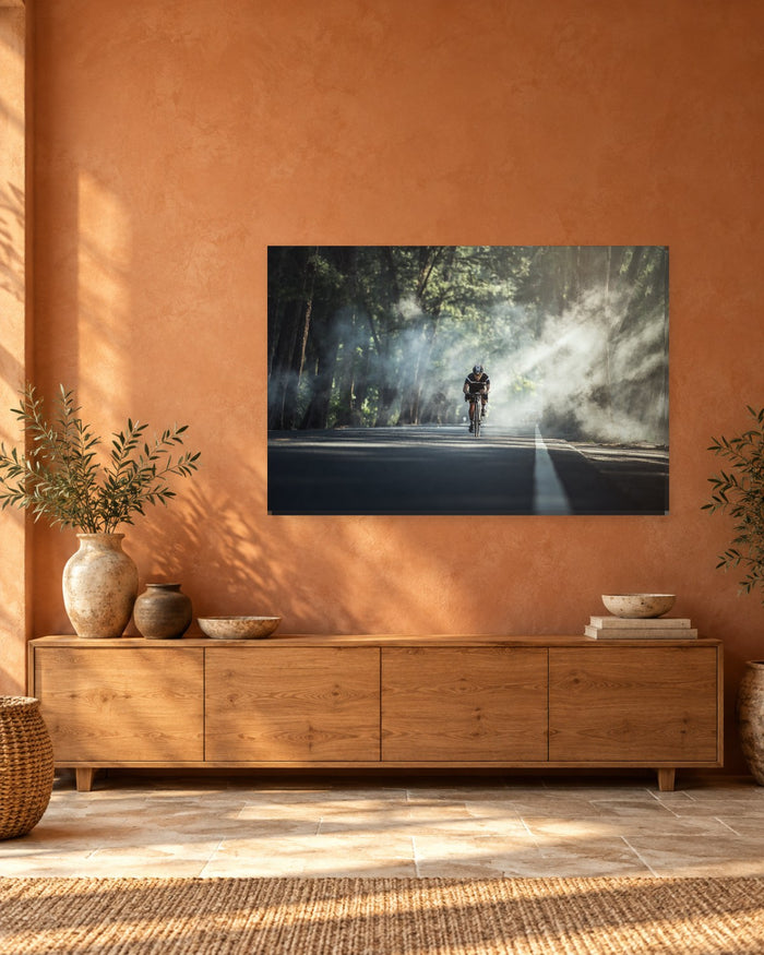 Road Cycling Canvas Wall Art - Cyclist on a Misty Forest Road - Gallery Canvas - 38mm / 48 x 32 / Unframed preview