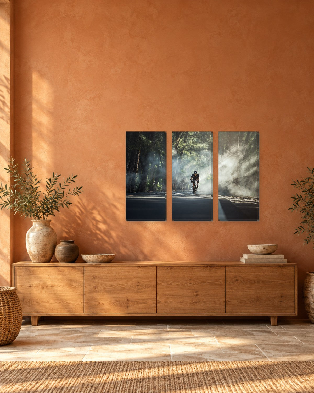 Road Cycling Canvas Wall Art - Cyclist on a Misty Forest Road - Gallery Canvas - 38mm / 48 x 32 / Unframed preview