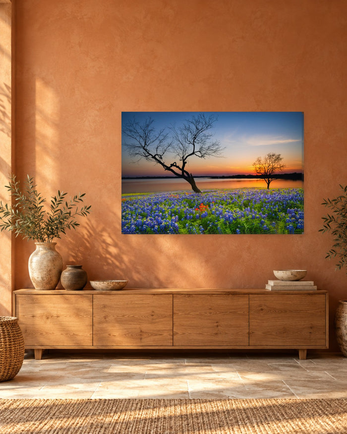 Bluebonnet Wildflower Field Canvas Wall Art - Lake and Trees at Sunset - Gallery Canvas - 38mm / 48 x 32 / Unframed preview