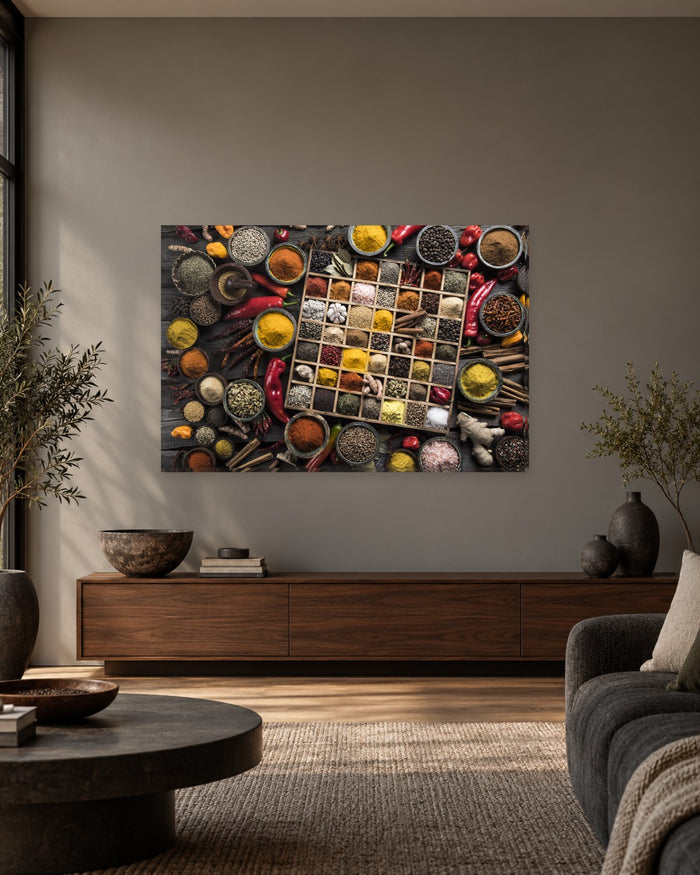 Kitchen Spices Canvas Wall Art - Spice Box with Herbs and Chillies - Gallery Canvas - 38mm / 48 x 32 / Unframed preview