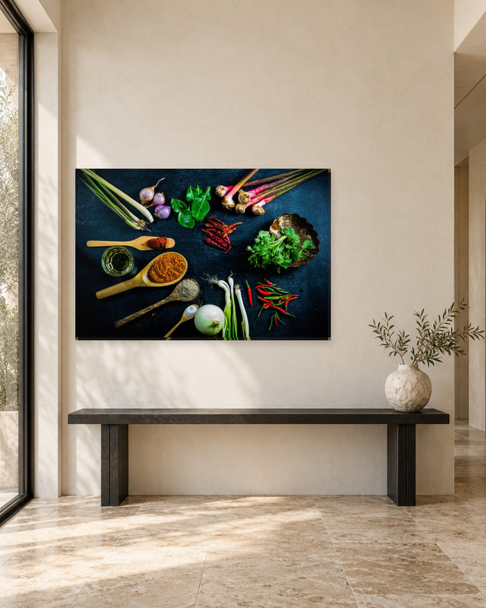 Fresh Herbs and Spices Kitchen Canvas Wall Art - Wooden Spoons on Dark Slate - Gallery Canvas - 38mm / 48 x 32 / Unframed preview