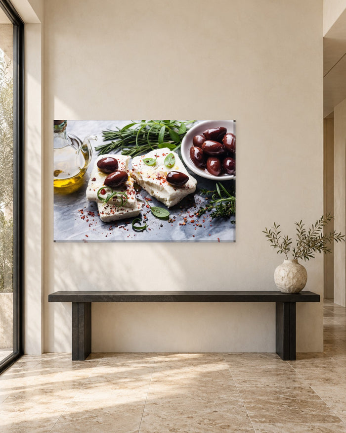 Feta Cheese and Olives Kitchen Canvas Wall Art - Greek Food with Herbs - Gallery Canvas - 38mm / 48 x 32 / Unframed preview