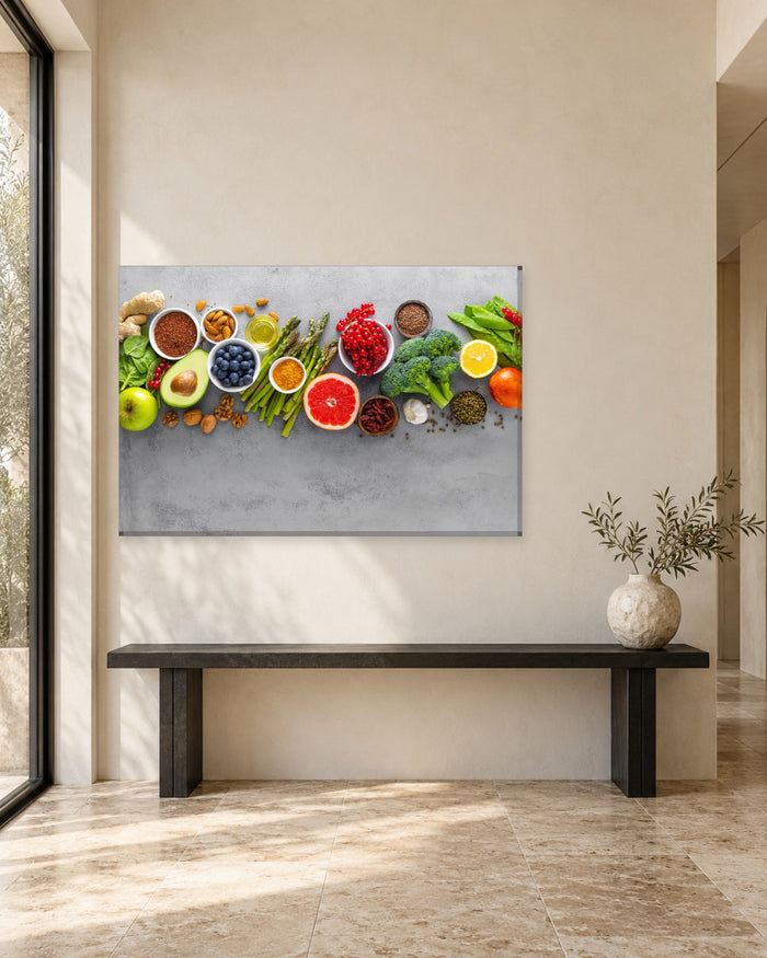 Healthy Food Canvas Wall Art - Fruit, Vegetables, Nuts and Lentils - Gallery Canvas - 38mm / 48 x 32 / Unframed preview