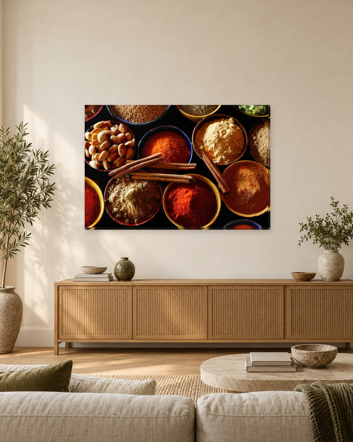 Indian Spices and Cinnamon Sticks Canvas Wall Art - Dark Kitchen Print - Gallery Canvas - 38mm / 48 x 32 / Unframed preview