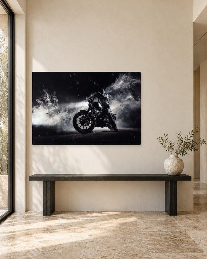 Motorbike Canvas Wall Art - Biker in Smoke, Black and White - Gallery Canvas - 38mm / 48 x 32 / Unframed preview