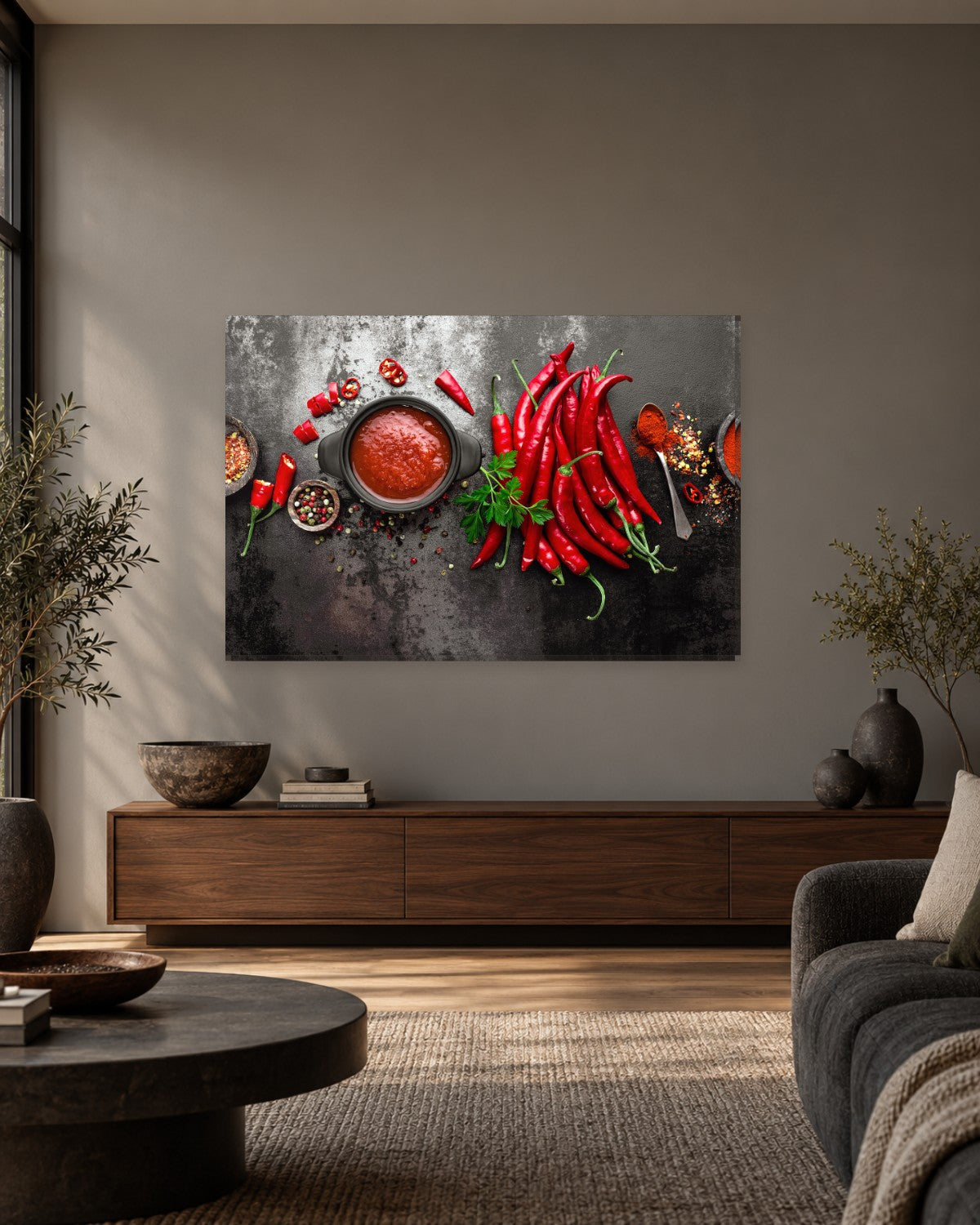Red Chilli Sauce Kitchen Canvas Wall Art - Hot Peppers on Dark Slate - Gallery Canvas - 38mm / 48 x 32 / Unframed preview