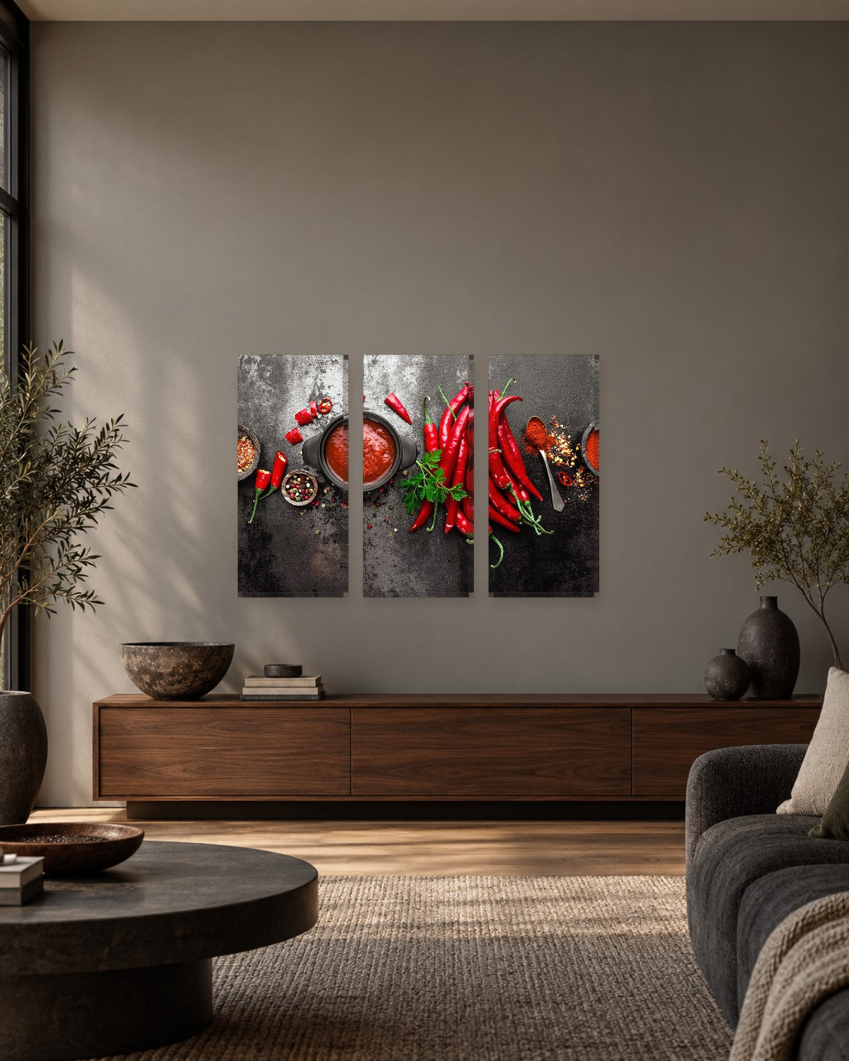 Red Chilli Sauce Kitchen Canvas Wall Art - Hot Peppers on Dark Slate - Gallery Canvas - 38mm / 48 x 32 / Unframed preview