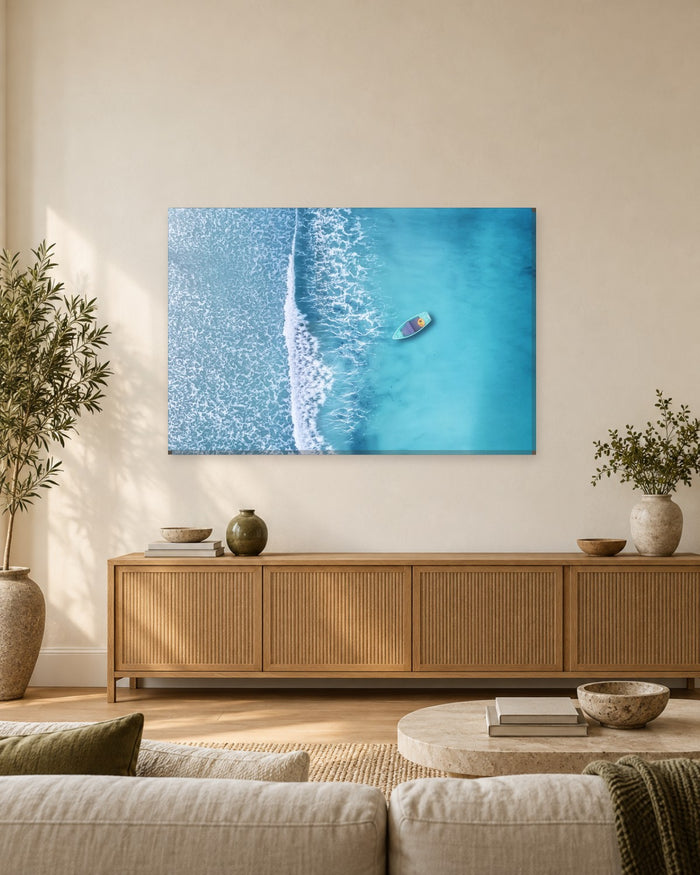 Aerial Ocean Waves Canvas Wall Art - Small Boat on a Turquoise Sea - Gallery Canvas - 38mm / 48 x 32 / Unframed preview