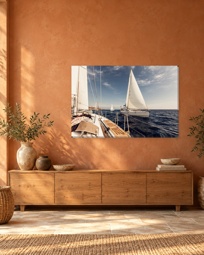 Sailing Yachts at Sea Canvas Wall Art - Deck View of White Sails and Blue Water - Gallery Canvas - 38mm / 48 x 32 / Unframed preview