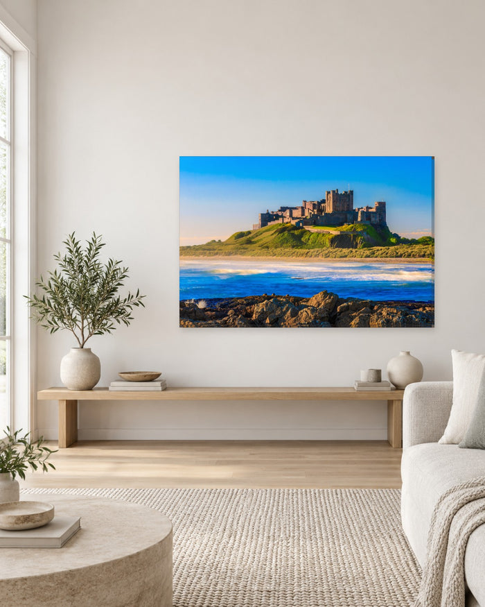 Bamburgh Castle Northumberland Canvas Wall Art - Blue Sea and Rocky Shore - Gallery Canvas - 38mm / 48 x 32 / Unframed preview
