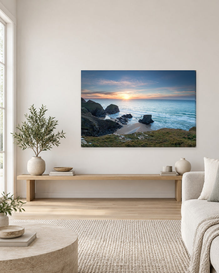 Bedruthan Steps Cornwall Sunset Canvas Wall Art - Sea Stacks and Golden Sky - Gallery Canvas - 38mm / 48 x 32 / Unframed preview