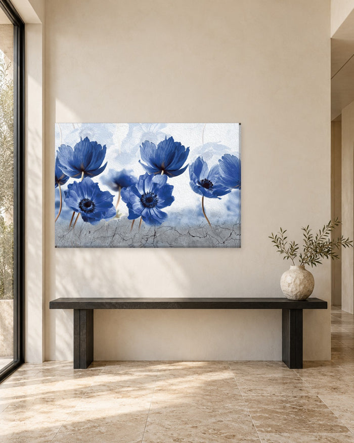 Blue Flowers Painting Canvas Wall Art - Navy Blooms on Textured White - Gallery Canvas - 38mm / 48 x 32 / Unframed preview