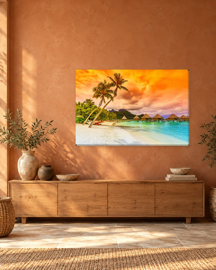 Bora Bora Overwater Bungalows Canvas Wall Art - Palm Trees and Orange Sunset Sky - Gallery Canvas - 38mm / 48 x 32 / Unframed preview