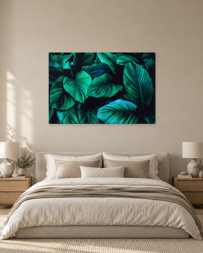 Dark Green Tropical Leaves Canvas Wall Art - Emerald and Teal Botanical - Gallery Canvas - 38mm / 48 x 32 / Unframed preview