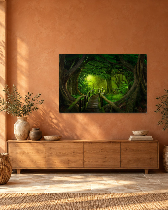 Tropical Jungle Path Canvas Wall Art - Wooden Boardwalk Through Green Tree Tunnel - Gallery Canvas - 38mm / 48 x 32 / Unframed preview