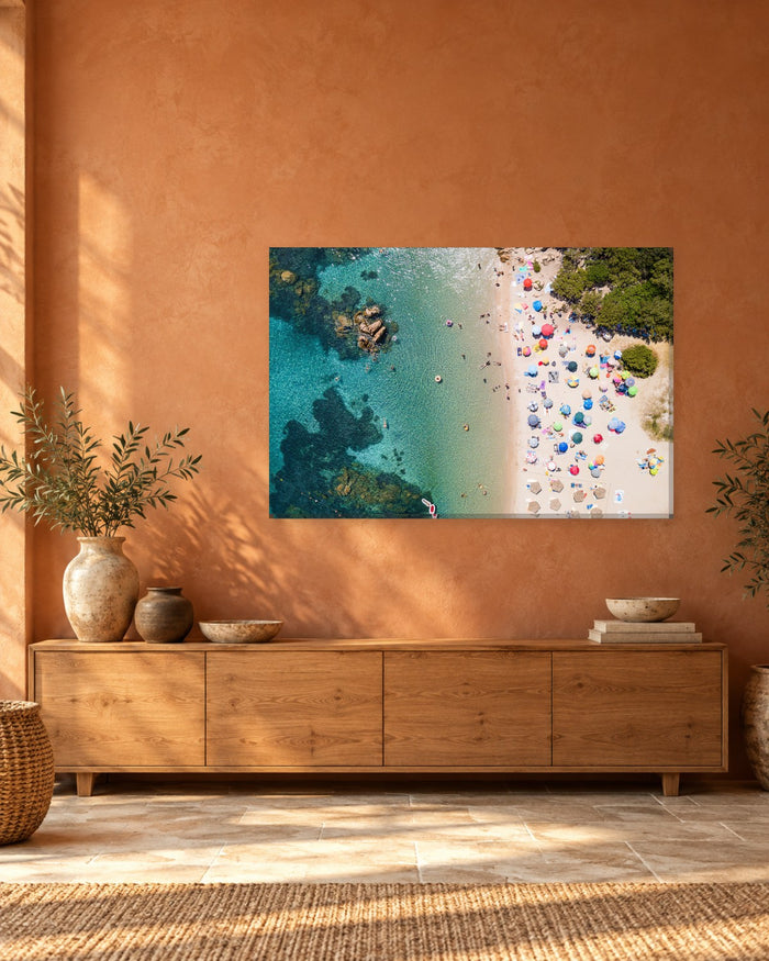 Aerial Beach Umbrellas Canvas Wall Art - Emerald Sea in Costa Smeralda Sardinia - Gallery Canvas - 38mm / 48 x 32 / Unframed preview