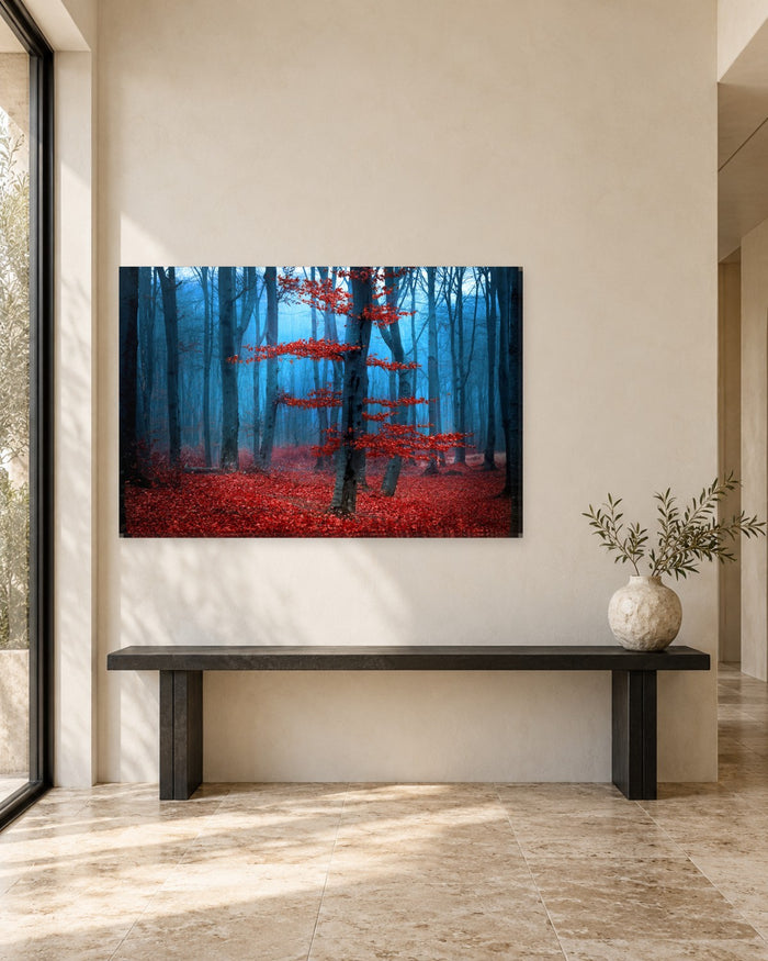 Red Autumn Tree in Foggy Forest Canvas Wall Art - Blue Mist and Crimson Leaves - Gallery Canvas - 38mm / 48 x 32 / Unframed preview