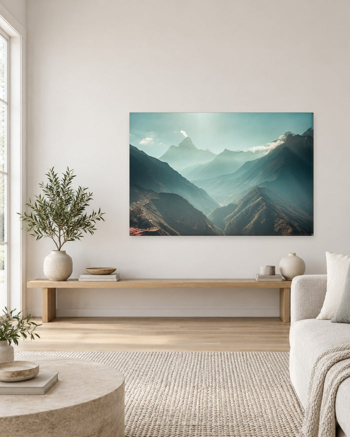 Misty Himalayas Nepal Canvas Wall Art - Sunlit Mountain Valleys in Sage Green - Gallery Canvas - 38mm / 48 x 32 / Unframed preview